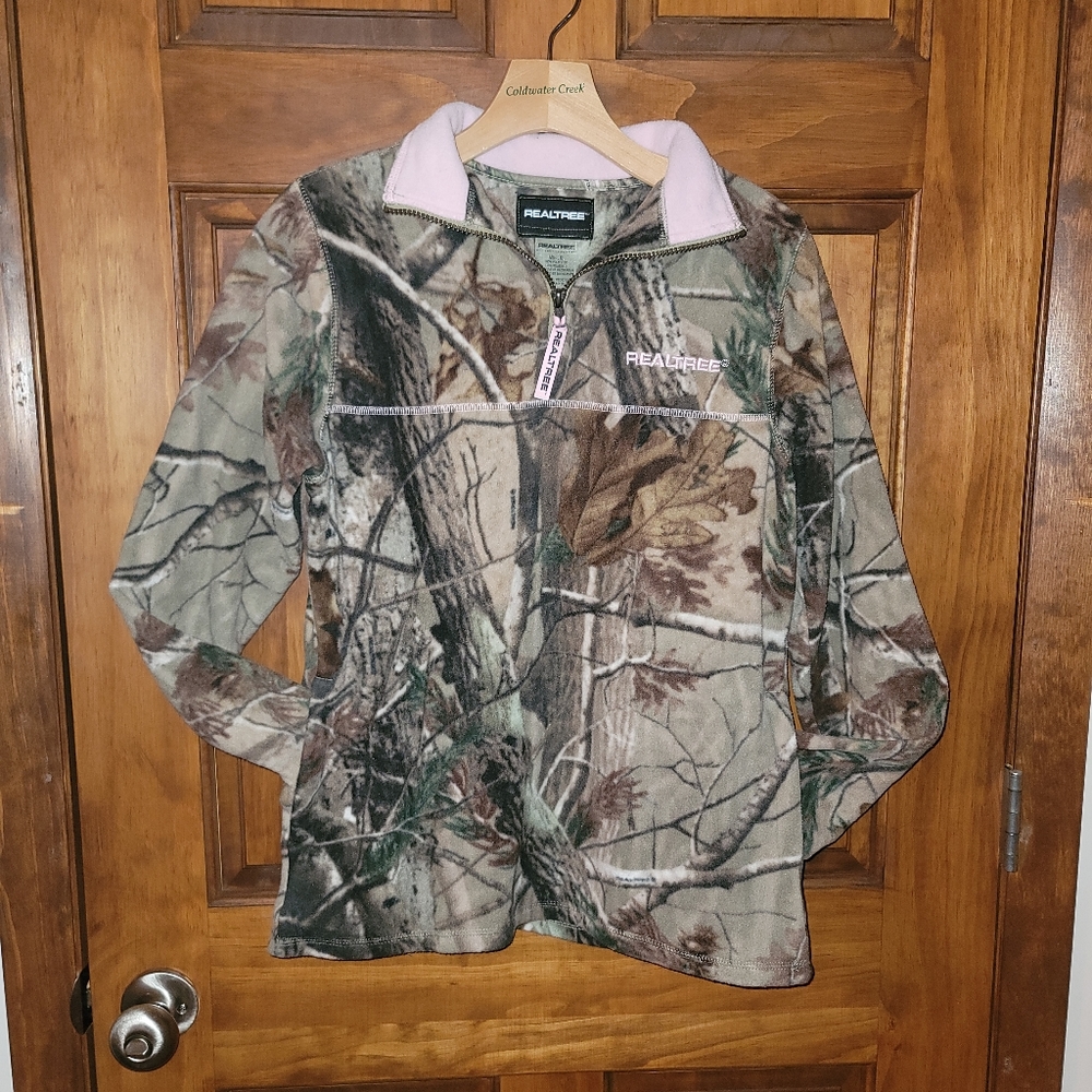 REALTREE 4 Her, Fall Camo w/ Pink accents, 1/4 Zip Fleece Pullover, Size M 8-10